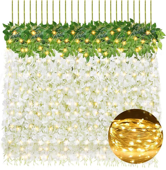 24 PCS Wisteria Hanging Flowers with Lights, 3.6ft Fake Vines Artificial Wisteria Garland Silk Flower String for Wedding Arch Garden Party Home Ceiling Wall Backdrop Tent Decoration (White)