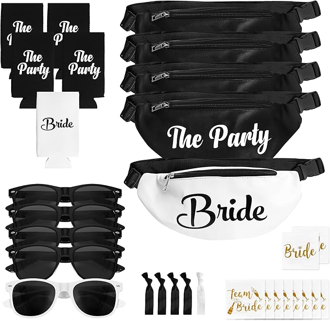 Bachelorette Fanny Packs | 30 Pc - Set of 5 Bachelorette Party Favors & Accessories | 1 Bride Fanny Pack + 4 'Party' Packs | Bachelorette Party Kit with Sunglasses, Koozies & Bridal Accessories