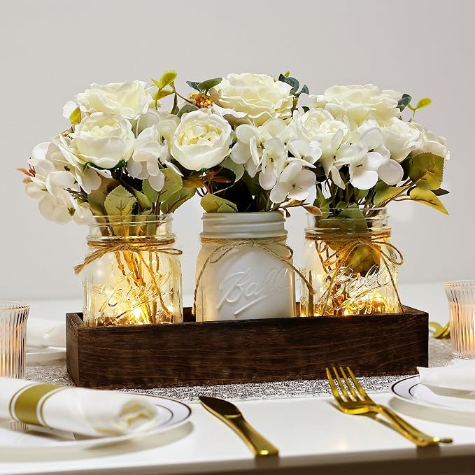 White Mason Jar Centerpiece for Table Kitchen Table Decor with Light | 3 Piece Farmhouse Coffee Table Decor with Fake Flowers Wood Tray for Living Dining Room Bathroom Wedding Outdoor Decoration