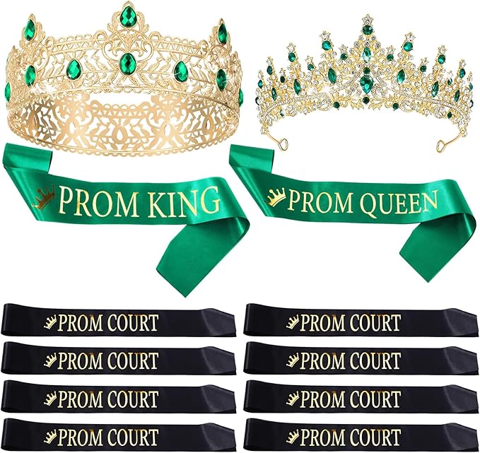 Retrowavy 12 Pcs Prom Crown and Sash Set, Prom King and Queen Tiara Rhinestone Crown Satin Sash for Graduation Party