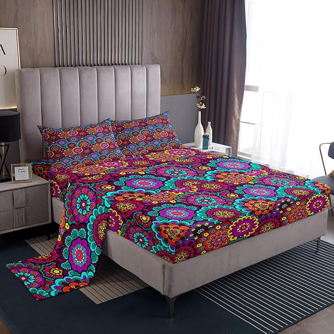 Bohemian Flowers Sheet Set Queen Size Watercolor Mandala Floral Boho Style Bedding Set for Kids Teens Women Room Decor Exotic Rustic Plant Luxury Deep Pocket Bed Sheet Set 2 Pillowcase,Polyester