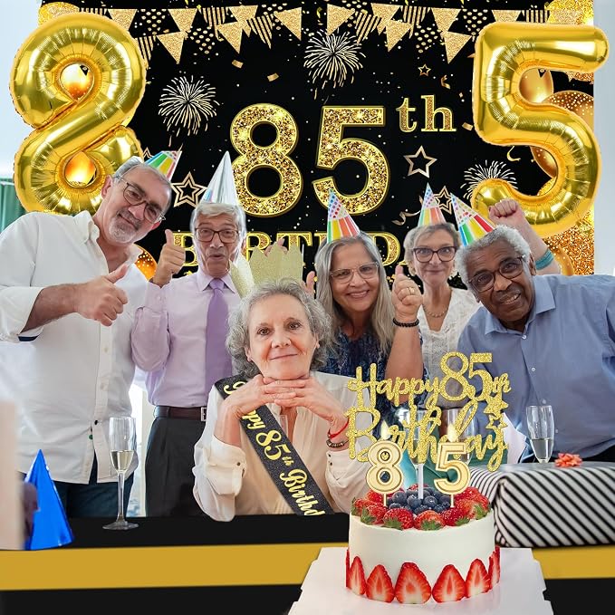 85th Birthday Decorations Men Women with 85th Birthday Banner, Black and Gold Table Cloth, Number Balloons, Sash, Cake Topper and Candles