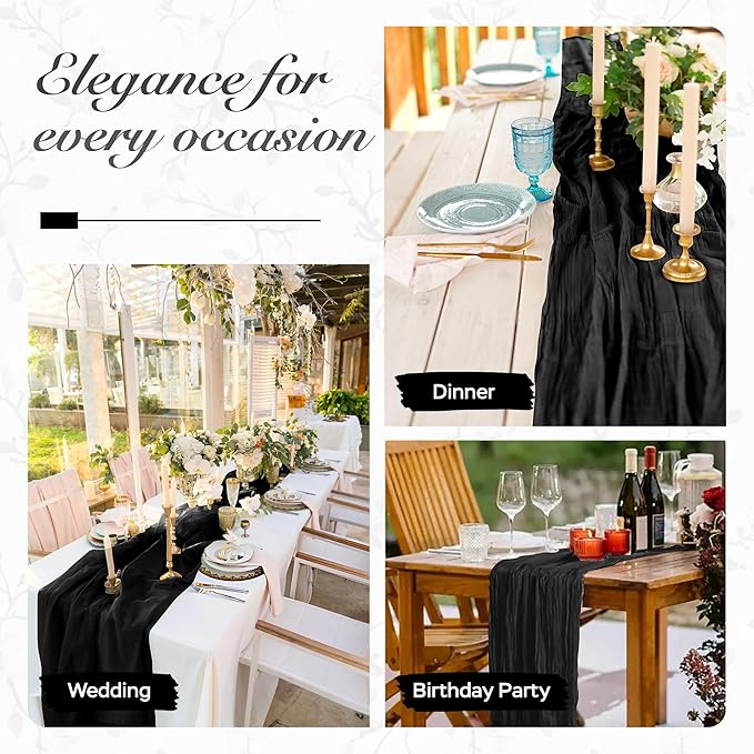 Cheesecloth Table Runner 8 Pack – 35x120 Inch (10ft) Boho Rustic Gauze Cloth Runners – Crinkle Polyester Table Decor for Wedding, Baby Shower, Bridal Shower, Birthday Party and More (Black)