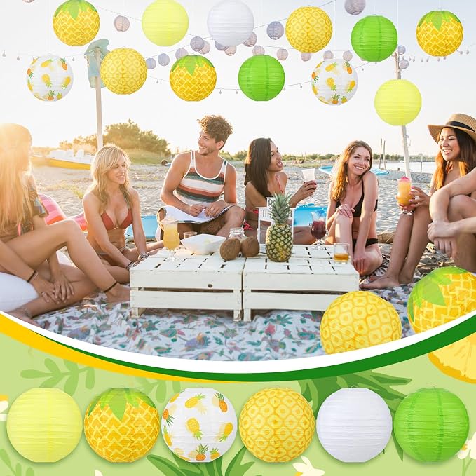 Panelee 12 Pcs Pineapple Party Decorations Hawaiian Party Hanging Supplies 8 Inches Round Paper Lanterns for Tropical Luau Birthday Holiday Bachelorette Decor Supplies