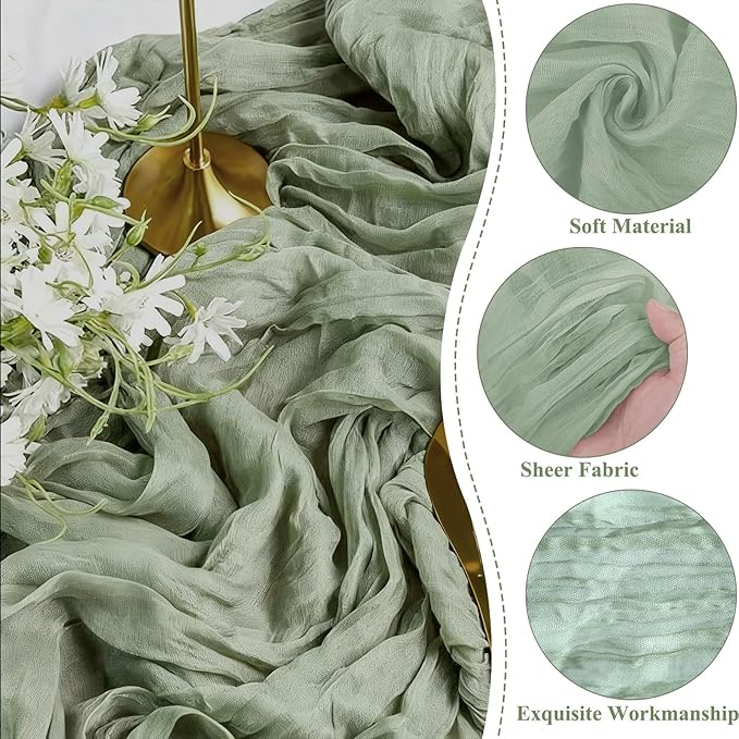Cheesecloth Table Runner 10ft Rustic Gauze Cheese Cloth 35 x 120 Inches Long for Christmas Wedding Bridal Baby Shower Birthday Table Decorations (Sage Green, 6 Pack-10FT)