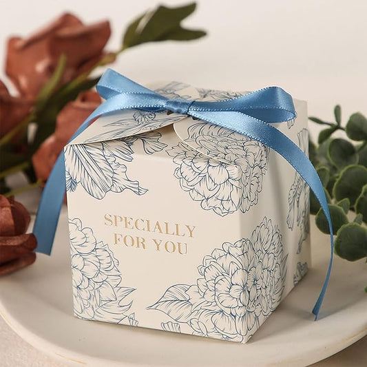 Yoption 50pcs Hydrangea Party Favor Boxes, 2.75 x 2.75 x 2.75 Inch Blue Candy Boxes with Ribbons for Wedding Bridal Baby Shower Birthday Party Decorations