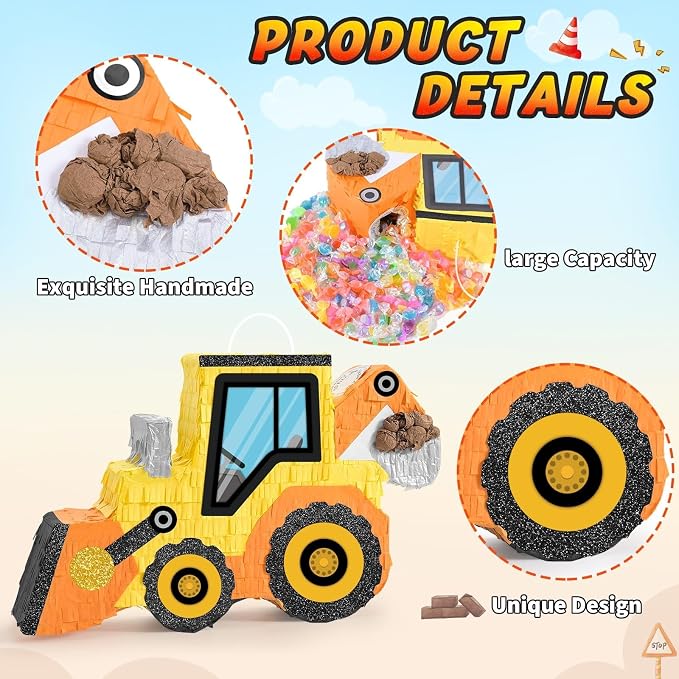 WERNNSAI Construction Piñata - Construction Party Supplies Dump Truck Piñata with Blindfold and Bat for Boys Kids Tractor Excavator Theme Birthday Party Game Decorations (16.5" x 10.4" x 3")