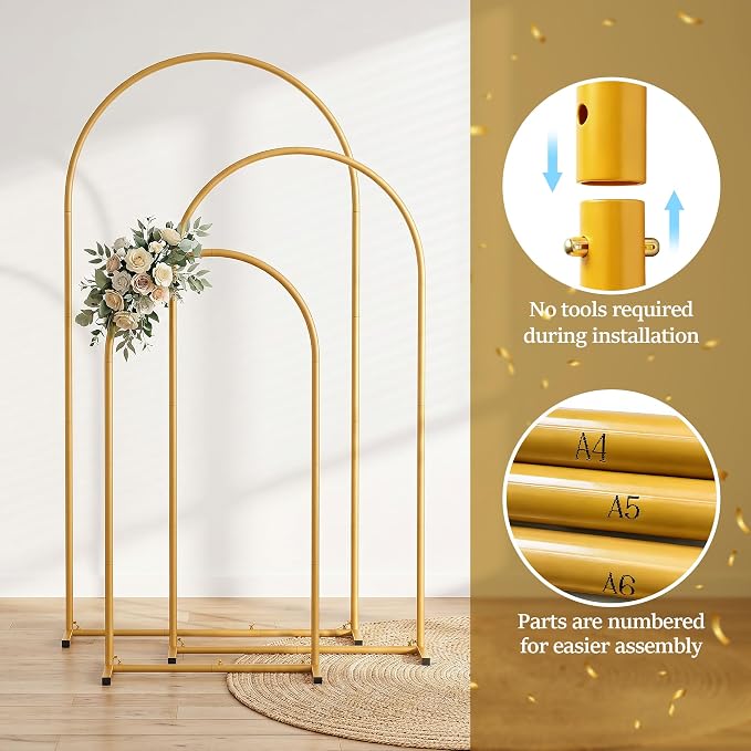 Metal Arch Backdrop Stand 3 Set (6FT+5FT+4FT), Gold Wedding Arch Frame, Balloon Arch Stand for Baby Shower, Wedding, Birthday, Ceremony, Party Decor