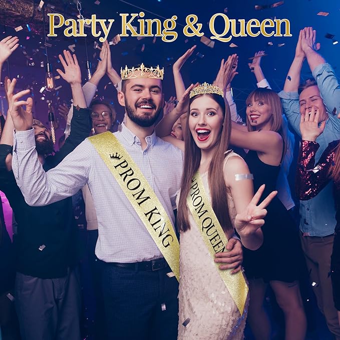 Saintrygo 12 Pcs Prom Crown and Sash Set, Prom King and Queen Tiara Rhinestone Crown Glitter Court Royal Satin Sash for 2026 Graduation Ball Dance Night Party Birthday Accessory(Gold,Stylish)