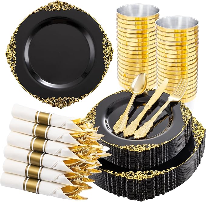 Hioasis 210pcs Black and gold Plates - Black Party Plates for 30 Guest, Include 60 Heavy-duty Plates(20% Thicker Than Standard), 30 Pre Rolled gold Plastic goldware Set, 30 Cups