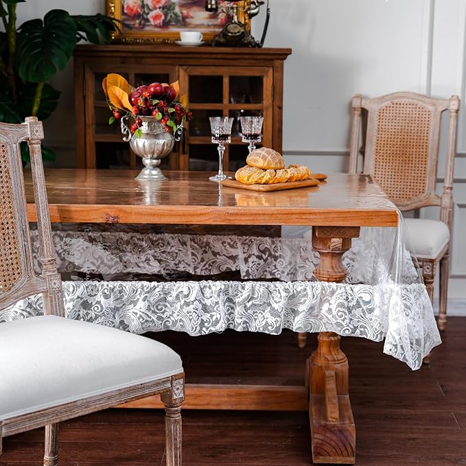 ARTABLE Vinyl PVC Rectangle Tablecloth Waterproof Clear Table Cover with Champagne Lace Macrame Border for Wedding Kitchen Home Outdoor Indoor Holidays Party Decor (Offwhite-2, 60 x 120 Inch)