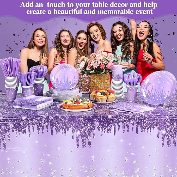Funnymoom 452 Pcs Purple and Silver Birthday Party Decorations Include Glitter Purple Paper Plates and Napkins Cups Tablecloth Cutlery Straws Disposable Tableware Set for Women Birthday Supplies