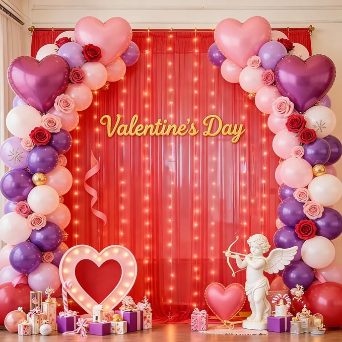 10x10ft Red Tulle Backdrop Curtain with Lights String for Parties, Sheer Photo Backdrop Drapes for Wedding Baby Shower Birthday Party Valentines Photo Shoot Decorations