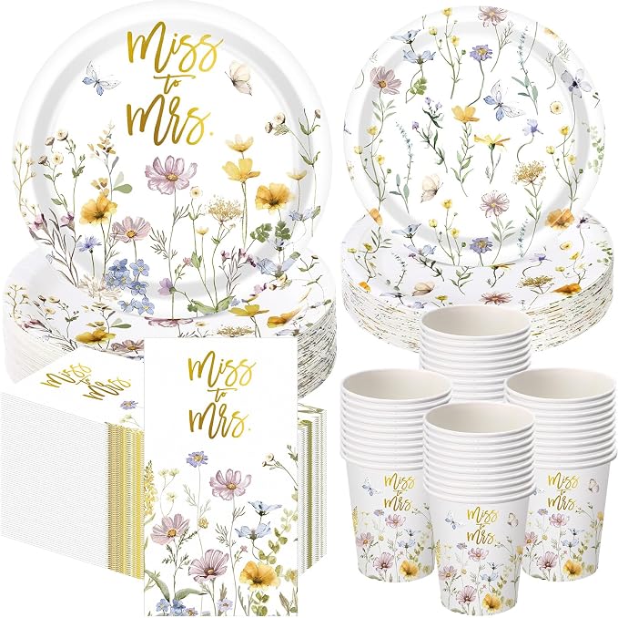 Funnymoom 250 Pcs Miss to Mrs Wildflower Party Decorations Floral Wedding Paper Plates Napkins and Cups Disposable Tableware Set for Wedding Bridal Shower Engagement Party Supplies, Serves 50