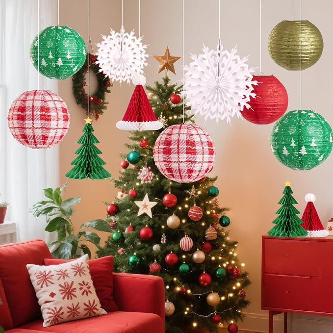 Christmas Hanging Decorations, 12 PCS Paper Lanterns, Honeycomb Christmas Trees, Hanging Paper Fans, Red Green Gold White Holiday Party Supplies for Home Xmas Holiday Party