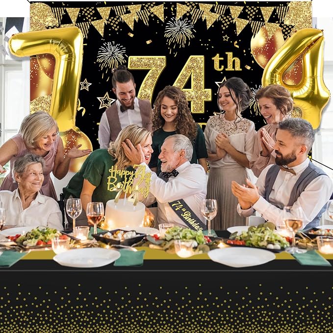 74th Birthday Decorations Men Women with 74th Birthday Banner, Black and Gold Table Cloth, Number Balloons, Large Sash, Cake Topper and Candles