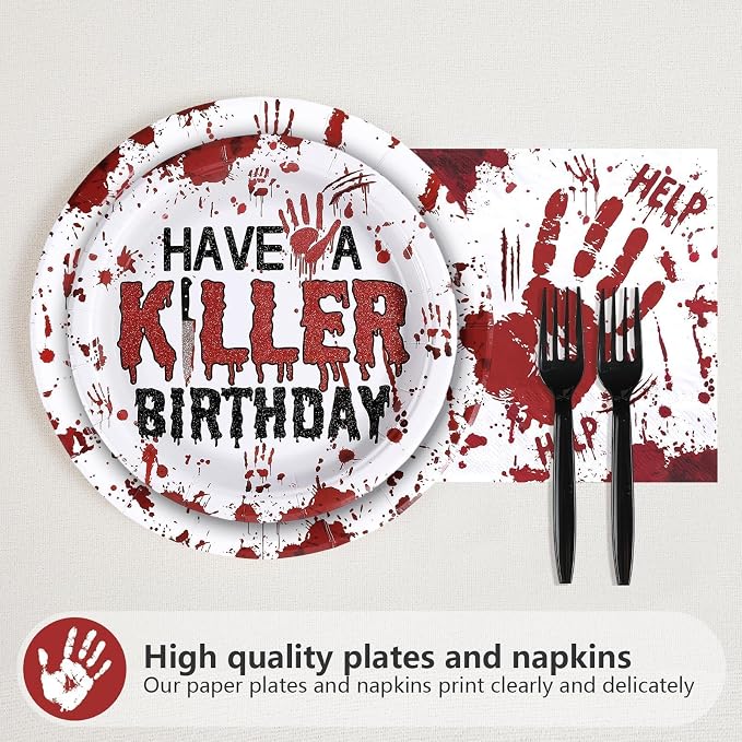 Grencian 96Pcs Killer Happy 13th Birthday Party Supplies Red and Black Bloody Hand Themed Paper Plates and Napkins Horror Tableware for Boy Girl 13th Stranger Birthday Party Decorations Serve 24