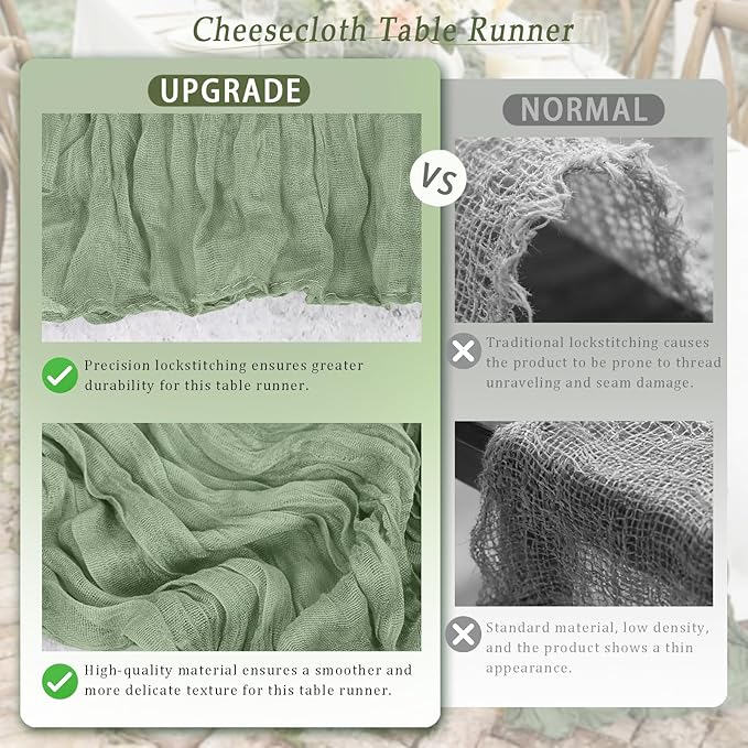 10 Pack Sage Green Cheesecloth Table Runner 17x108 Inch Semi Sheer Boho Rustic Gauze Cheese Cloth Table Runners for Wedding Party Birthday Baby Shower Home Décor