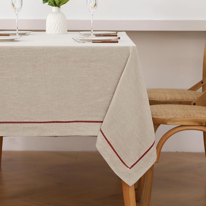 Linen World Hemstitch Linen Tablecloth,100% Natural French Flax,60x120Inch Handcrafted Natural-Rust Linen Table Cloth,Tabletop Decoration,Table Cloths for Kitchen,Dining,Daily Use