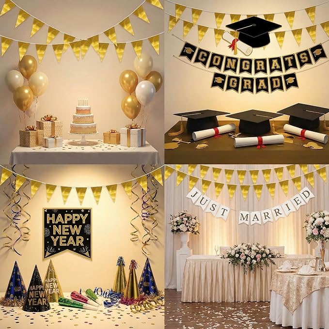 40M/130FT Gold Triangle Pennant Banner Flag Metallic Fabric Bunting Garland for Christmas Graduation Wedding Engagement Anniversary Bachelorette Birthday Bridal Shower Valentines Hen Party Supplies
