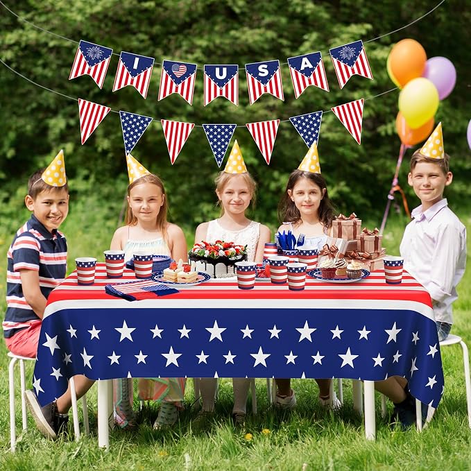 Cecnamt American Flag Themed Party Decorations, 170 Pcs Patriotic Party Decorations Including Banner, Plates, Cups, Napkins, Cutlery, Straws and Tablecloths, Serves 24