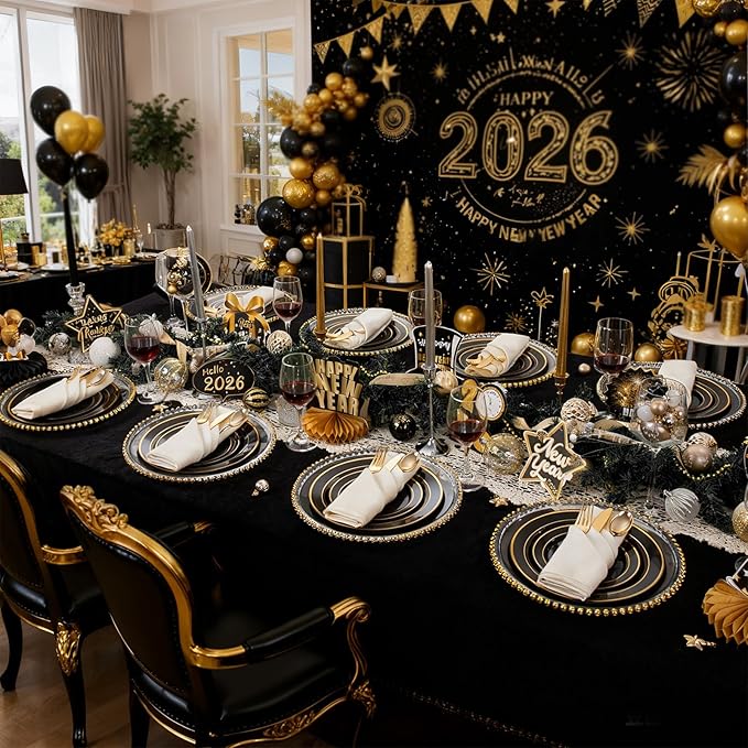 WDF 125Pieces Black Plates Disposable with Gold Rim & Disposable Gold Plastic Silverware for Halloween - 50 Graduation Plates - 25 Forks, 25 Knives, 25 Spoons (Pack of 2)