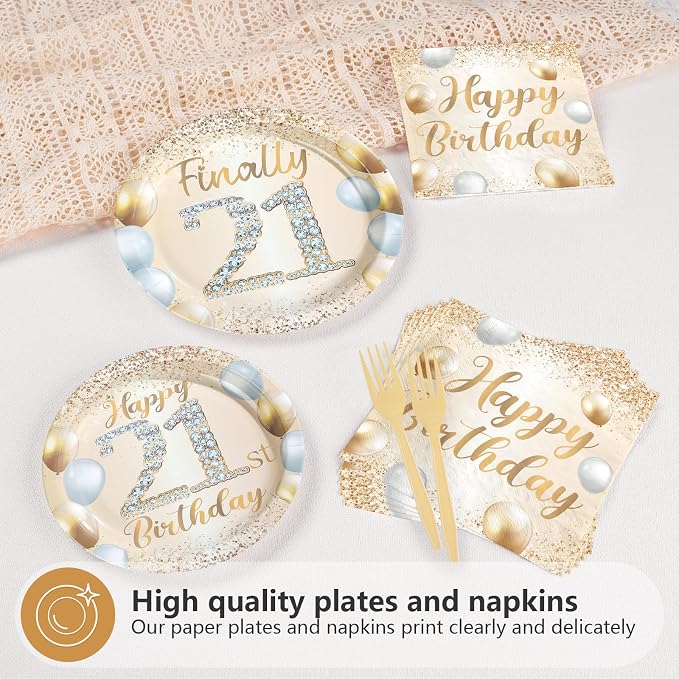 96Pcs Happy 21st Birthday Decorations Sweet 21 Plates and Napkins Tableware Sets White and Gold Glitter Twenty-one Birthday Decorations for Girls Boys 21 Years Old Birthdays Party Supplies Serves 24