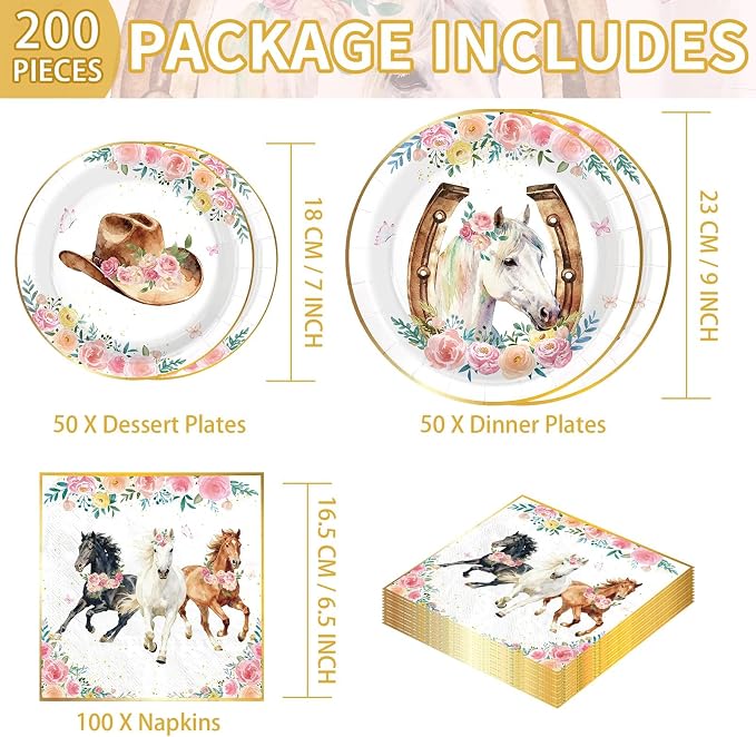 200Pcs Western Horse Party Supplies Cowgirl Theme Plates and Napkins Pink Floral Horse Disposable Paper Tableware Set for Girl Birthday Baby Shower Rodeo Event Bachelor Party Decor Serves 50