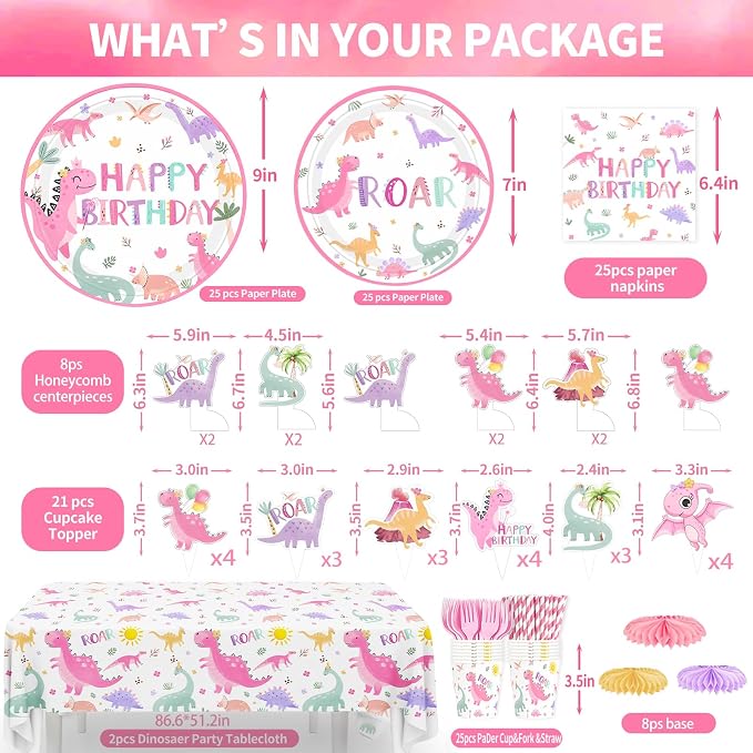 Dinosaur Bday Party Supplies Decorations for Girls 1st 2nd 3rd 4th Bday Dino Tableware Pre-strung Banner Honeycomb Centerpieces Tablecoth Hanging Swirls Cupcake Topper Balloons Serve 25