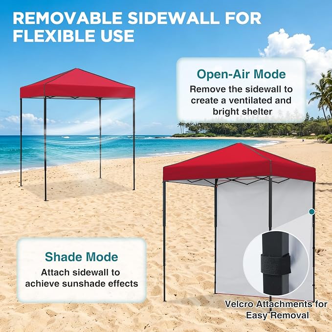 EAGLE PEAK 6x4 Instant Pop Up Canopy Tent with 1 Side Wall Panel, Straight Leg Sun Shelter, Portable Canopy with Carry Bag for Camping, Beach & Sports, Red