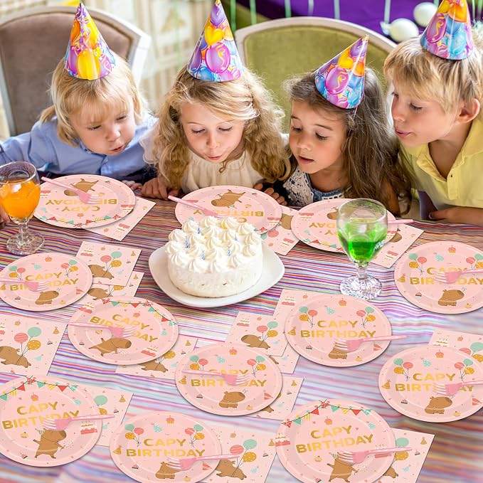 96 Pcs Pink Capy Birthday Party Decorations Cute Cartoon Capy Paper Tableware Set Pink Animals Theme Disposable Plates Napkins Forks for Kids Birthday Baby Shower Animal Party Supplies Serve 24 Guests