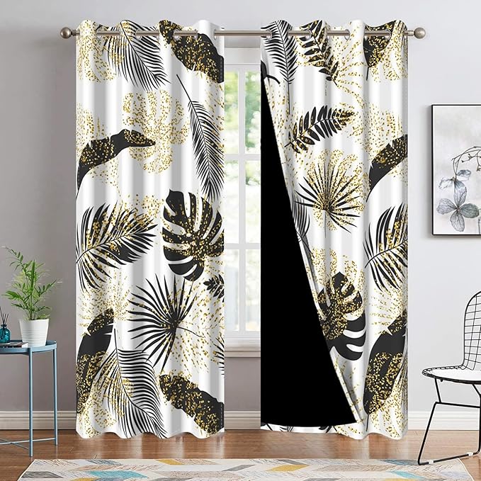 Black and Gold Curtains Tropical Jungle Plants Gold Palm Leaf Blackout Window Curtains for Bedroom Living Room Home Decor Tropical Palm Leaves Botanical Decorative Drapes,53x72 inch,2 Panels