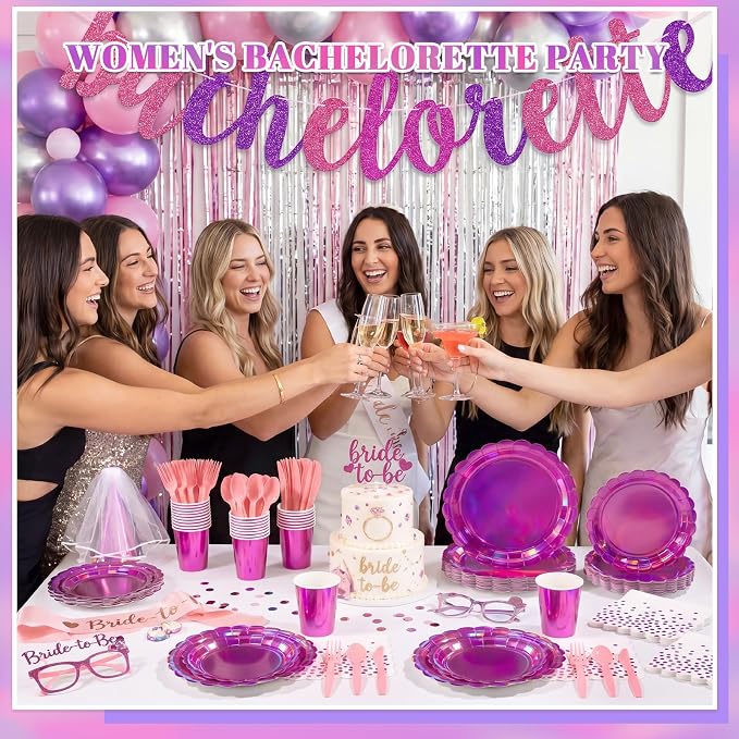 175 Pcs Iridescent Pink Party Supplies Include 25 guest Scalloped Holographic Pink Paper Plates and Napkins Set for Mermaid, Disco and Birthday Party Decor