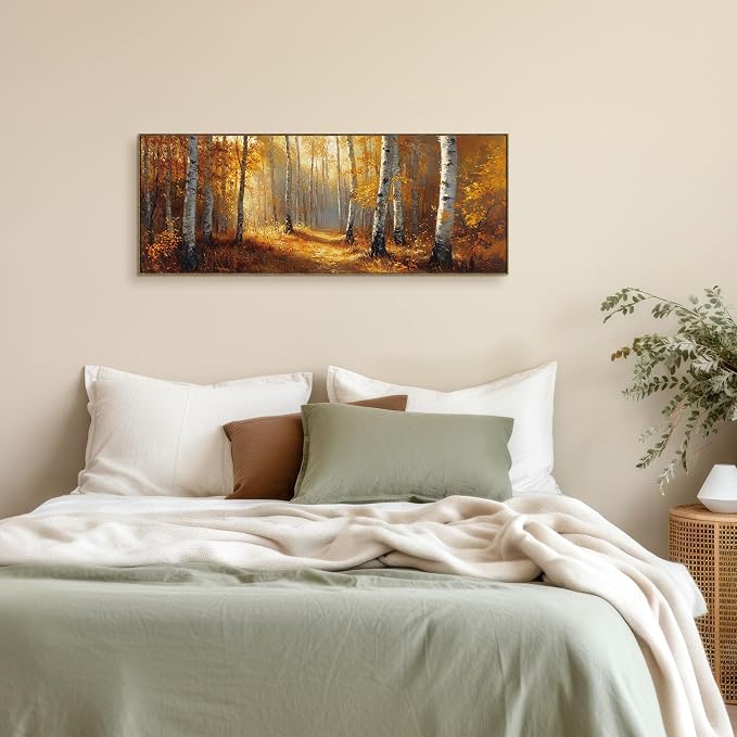 TLESKE Vintage Orange Fall Birch Tree Forest Large Wall Art Decor Framed 15x40, Rustic Farmhouse Autumn Canvas Wall Art Print for Bedroom Living Room, Fall Nature Wall Artwork Picture