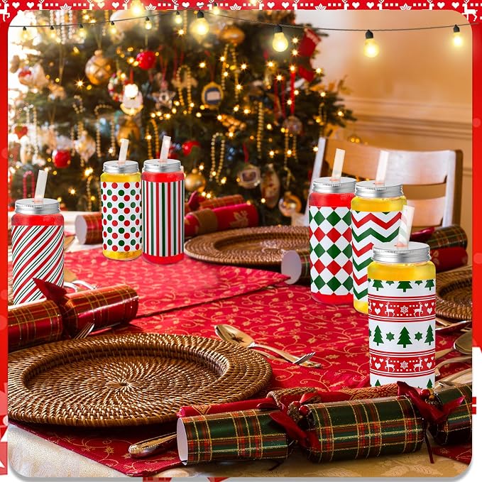 Skylety 30 Pcs Christmas Plastic Cups with Lids and Straws 13.5 oz Red and Green Striped Reusable Plastic Tumbler Christmas Party Decor for Xmas Women Birthday Party Supplies