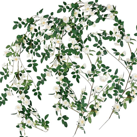 FiveSeasonStuff White Wild Rose Vine Garland, Two Faux Silk Floral Garlands with Greenery, Bendable Decorative Vines 12 ft Total