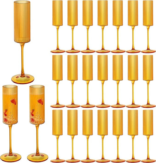 JLYLOL 24 Pcs Amber Plastic Champagne Flutes 6OZ Large Ribbed Champagne Glasses Toasting Glass Plastic Goblets for Parties Vintage Mimosa Bar Glasses Elegant Stemmed Drinking Cups for Wedding Bride