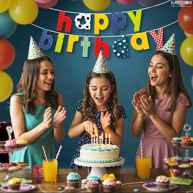 KatchOn, Fabric Happy Birthday Banner – 10 Feet, Resuable, Pre-Strung | Happy Birthday Sign for Colorful, Rainbow Birthday Decorations | Colorful Party Banner for Multicolor Birthday Party Decorations