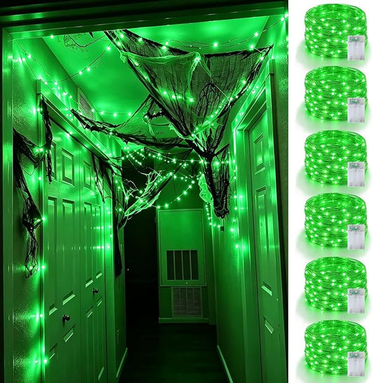 YEGUO Fairy Lights Battery Operated, 6 Pack Each 16ft 50 LED Green Mini String Lights, 2 Modes Silver Wire Christmas Twinkle Light Indoor for Halloween Bedroom Wedding Party Holiday Gift