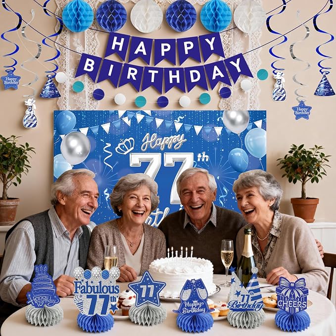 Happy Birthday Party Decoration Set: Including Birthday Banner Backdrop, Party Table Centerpieces and Hanging Swirl Party Streamers, Birthday Decor Suppliers for Men and Women (Blue, 77th Birthday)