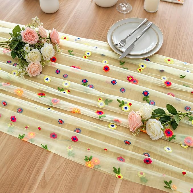 BINBE 1pcs Daisy Spring Table Runner Embroidery Gauze 10FT Florals Seasonal Tulle Holiday Birthday Kitchen Dining Table Decor for Home Party Green