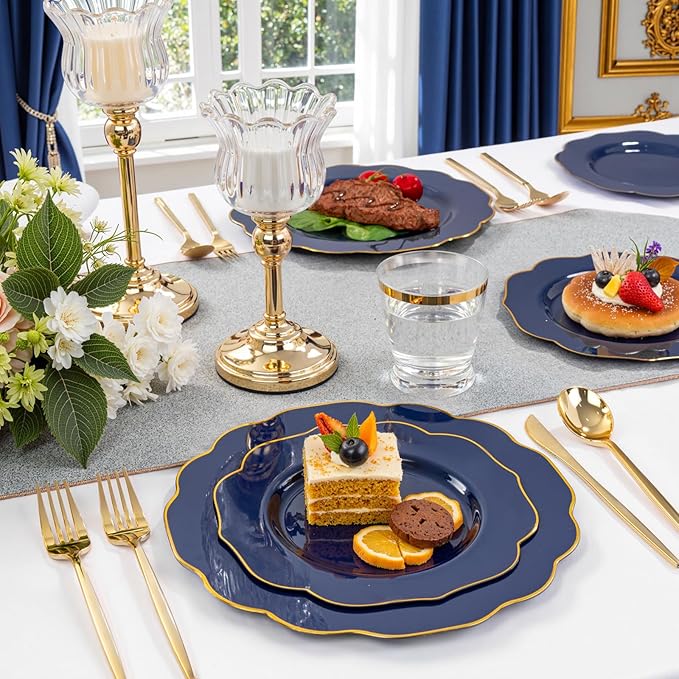 bUCLA 180PCS Blue Plastic Plates - Navy Blue and Gold Rim Disposable Include 30 Each (Dinner & Dessert) Plates, 30 Knives, 30 Forks, 30 Spoons and 30 Cups, Ideal for Party, Gathering & Graduation