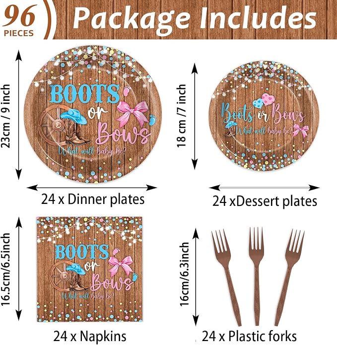 96Pcs Boots or Bows Gender Reveal Decorations Boy or Girl Paper Plates Napkins Blue or Pink Tableware Dinnerware Set Disposable Party Supplies for Baby Shower Gender Reveal Party Favors Serves 24
