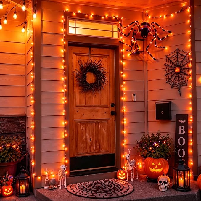 YEGUO Thanksgiving Lights Battery Operated, 2 Pack Each 33ft 100 LED Orange String Lights Outdoor Waterproof, Clear Wire Fairy Christmas Light Indoor with Remote
