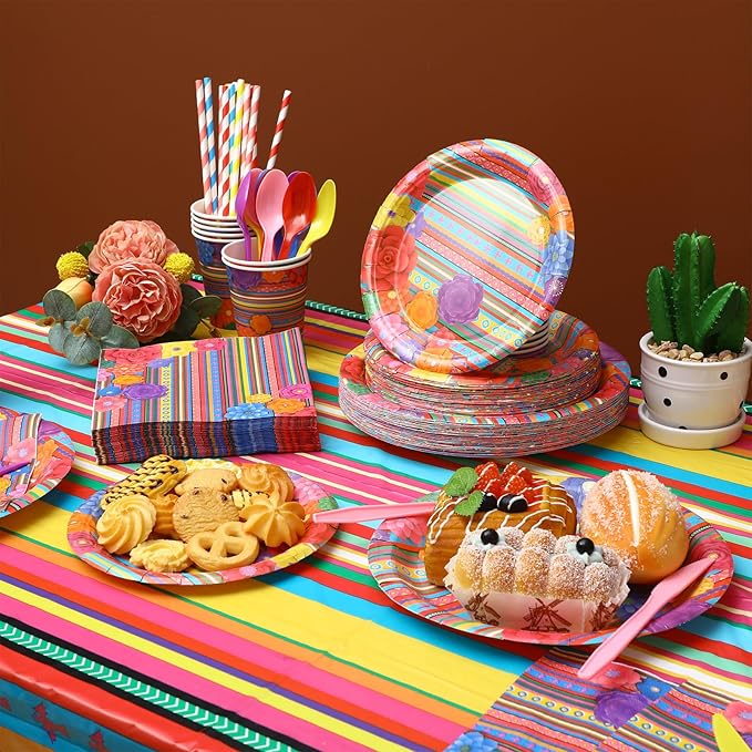 Funnymoom 452 Pcs Cinco De Mayo Party Decoration for 50 Guest, Mexican Paper Plates Napkins Cups Tablecloth Cutlery Straws Fiesta Disposable Tableware Set for Mexico Wedding Birthday Party Supplies