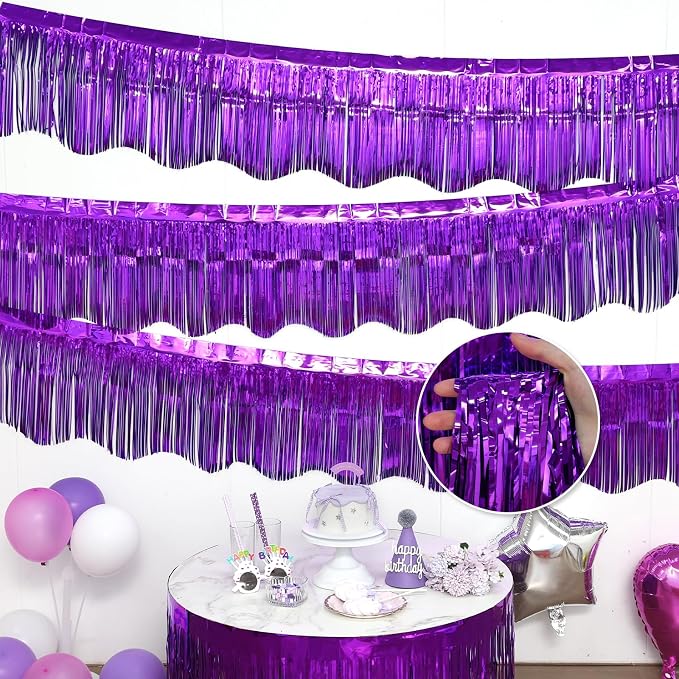 LOLStar Purple Foil Fringe Tinsel Garland, Tinsel Streamers Banner, 6 Pack | 60Ft Tinsel Streamers, Shiny Purple Wall Hanging Tinsel Fringe Banners for Graduation, Parade Float, Halloween Party Decor
