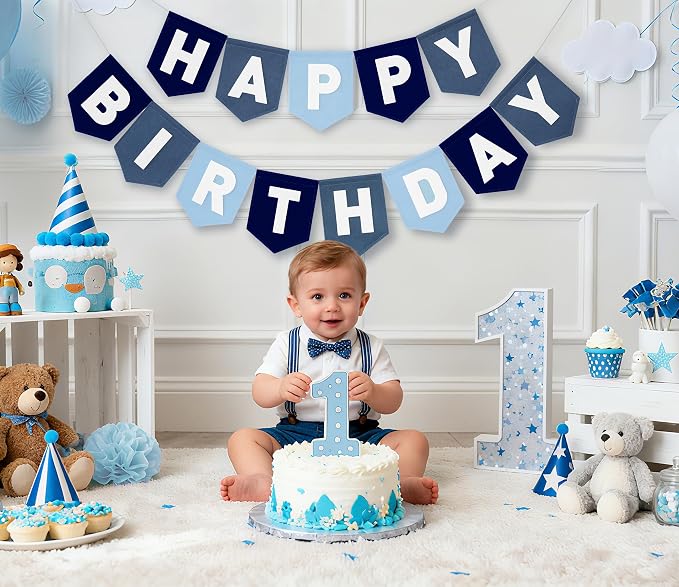 Felt Navy Blue Happy Birthday Banner Birthday Decorations for Women Girls Boys Men Pets Handmade Party Backdrop