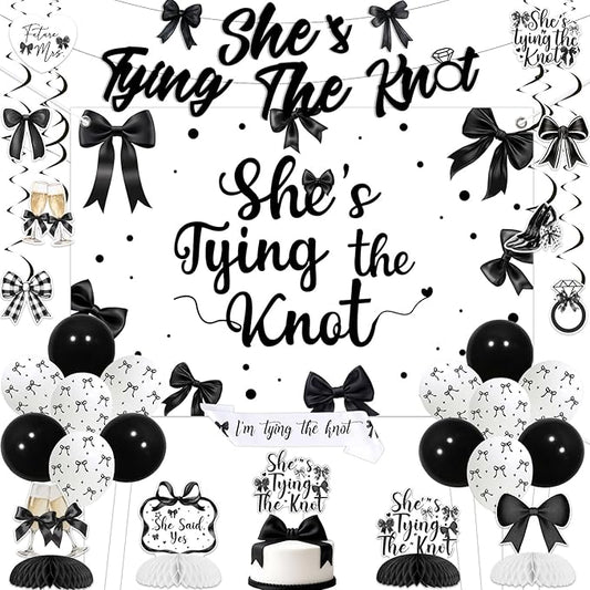 Jollyboom Black Bow Bridal Shower Decorations, She's Tying the Knot Party Supplies with Banner Backdrop Hanging Swirls Honeycomb Centerpieces Cake Topper Sash for Bachelorette Wedding Party