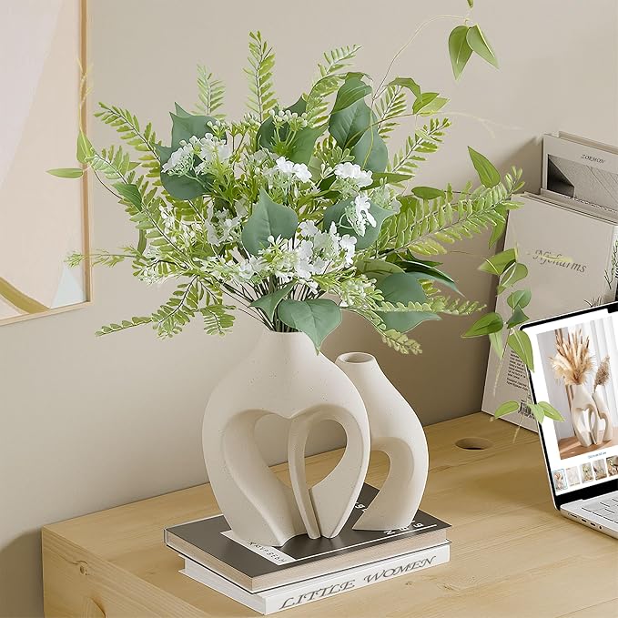 White Ceramic Flower Vases Table Decor Heart Shaped Vase Set of 2 | Nordic Heart Shaped Vases Minimalist Decorative Vase for Table Centerpiece Wedding Dining Living Room Office House Decoration