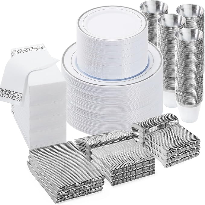 BESTVIP 700 PCS Silver Dinnerware Set for 100 Guests, Plastic Dinnerware Set for Party, Wedding, Christmas, Include: 200 Plastic Plates, 100 Silver Silverware, 100 Cups, 100 Paper Napkins
